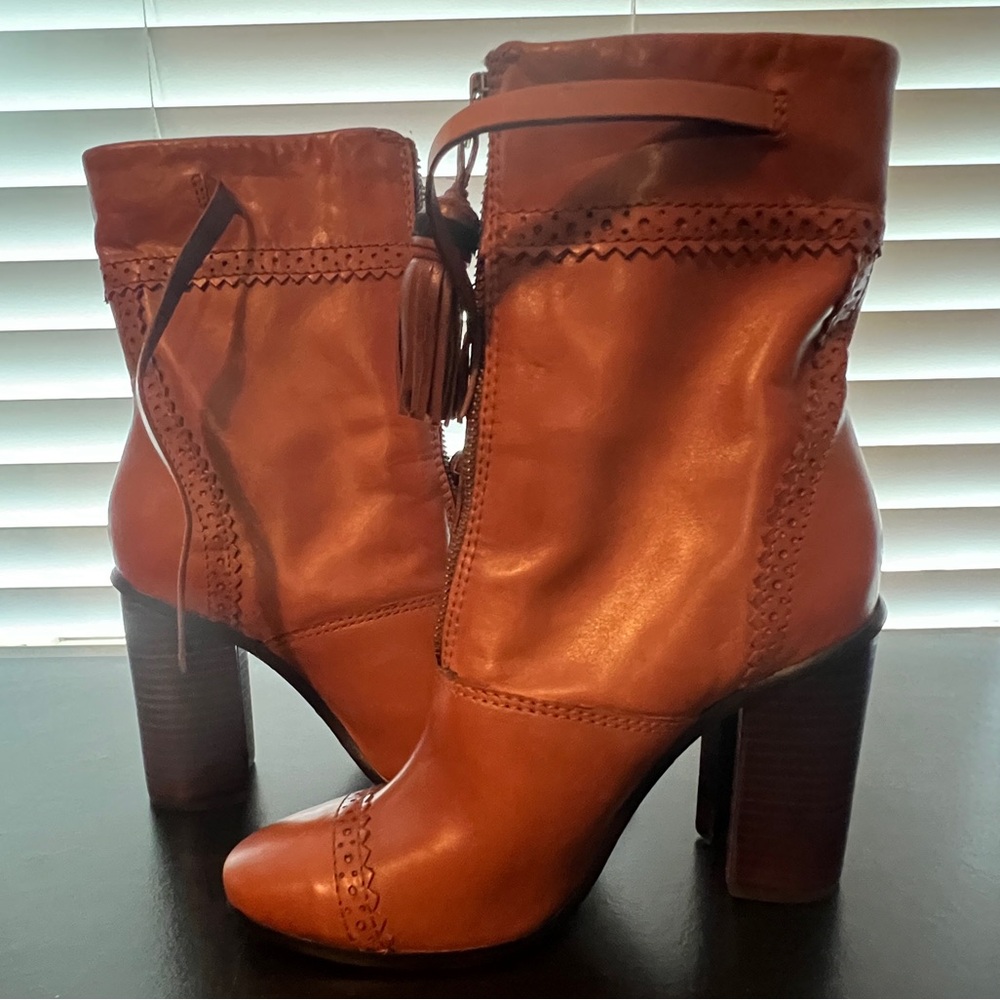 Tory Burch Cognac Leather Tassel Ankle Boots with Block Heel